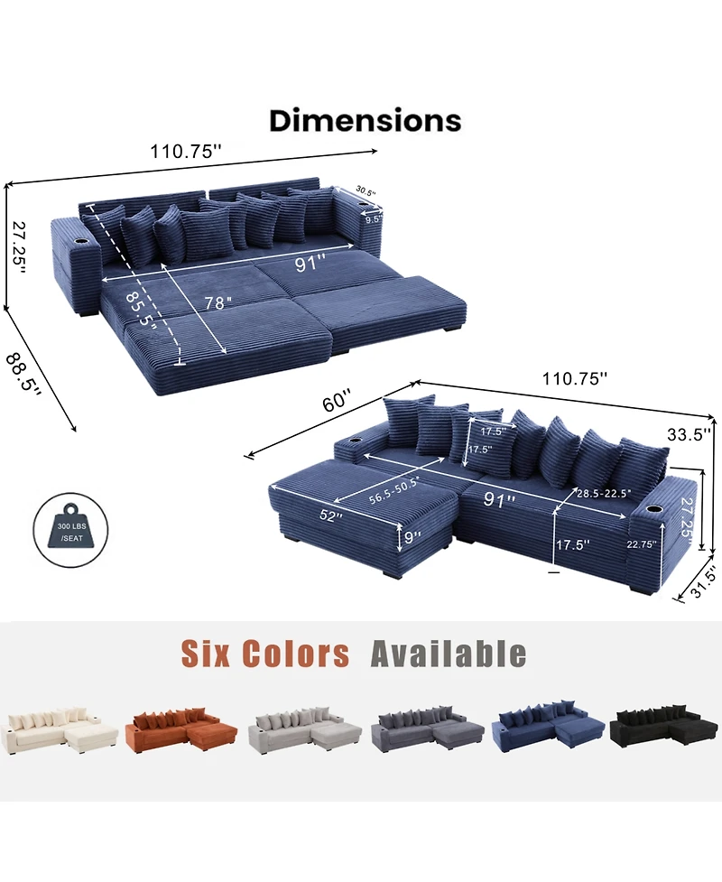 Streamdale Furniture Corduroy L-Shaped Sectional Sofa with Ottoman, Pillows, & Cup Holders - Blue