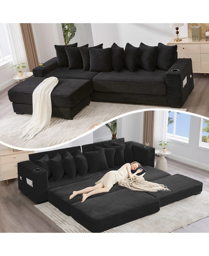 Streamdale Furniture Corduroy L-Shaped Sectional Sofa Bed with Ottoman, Pillows & Cup Holders - Black