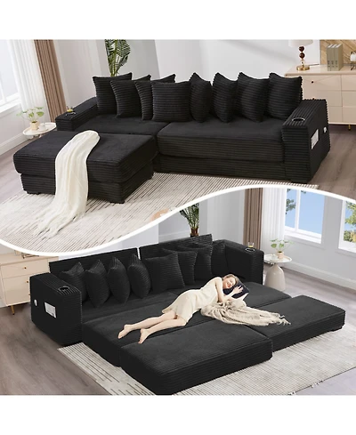 Streamdale Furniture Corduroy L-Shaped Sectional Sofa Bed with Ottoman, Pillows & Cup Holders - Black