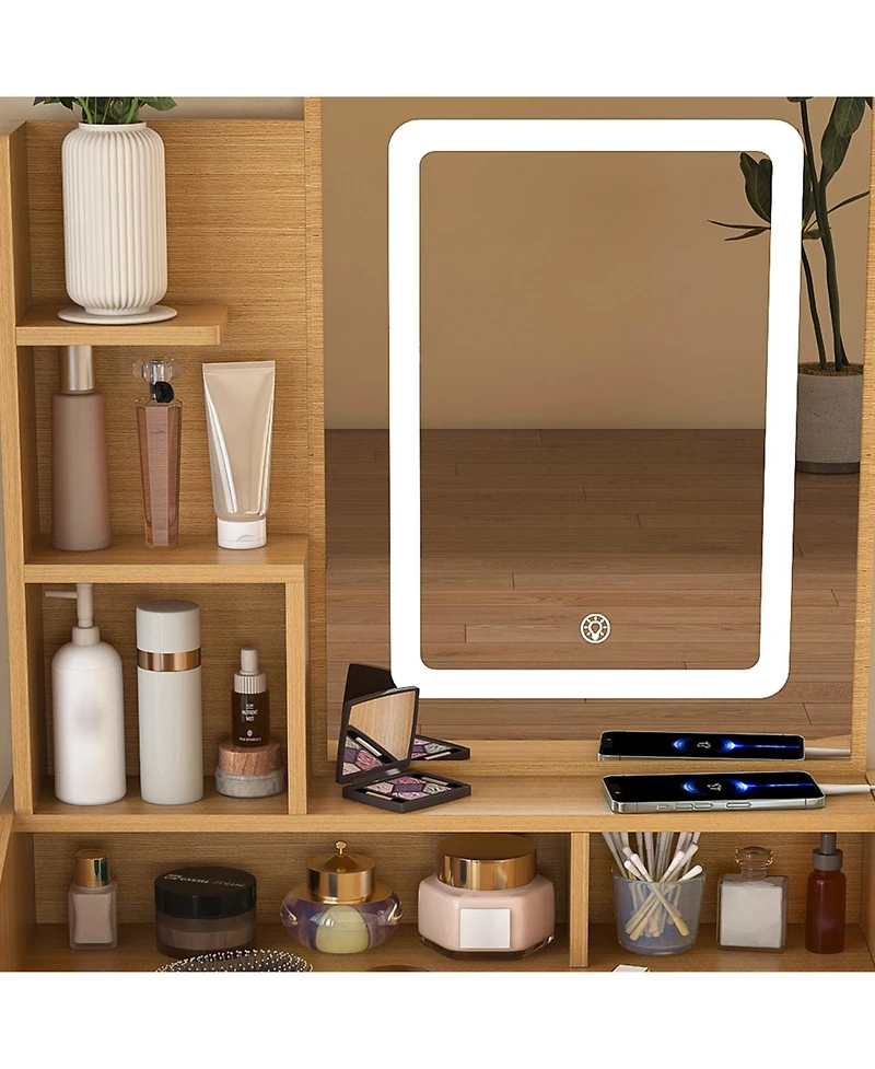 Streamdale Vanity Table with Led Mirror, Power, Hairdryer Holder & Stool - Compact Desk (Wood)