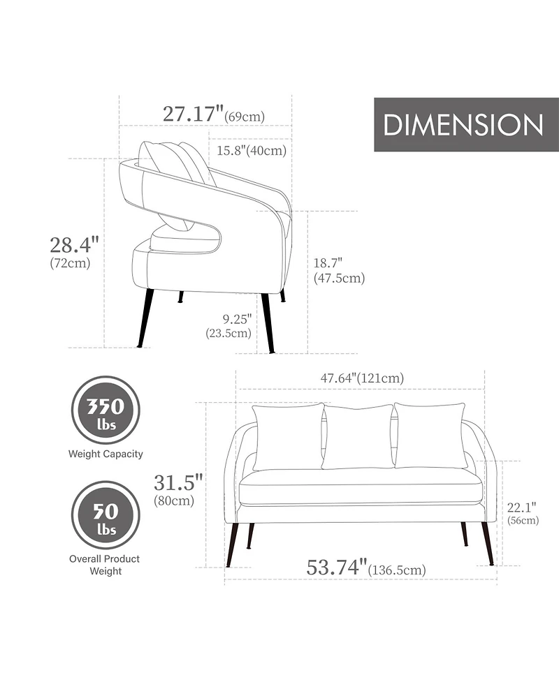 Streamdale Furniture Velvet Loveseat Settee with Pillows - Small Sofa for Small Spaces