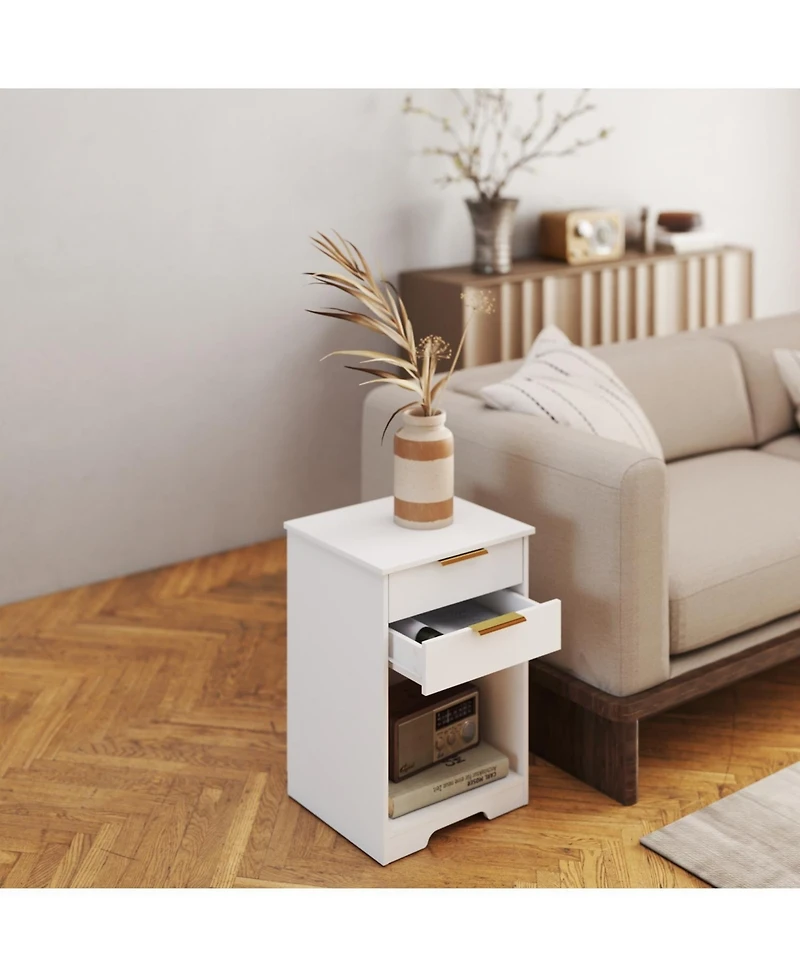 Streamdale Furniture White Nightstand with 2 Drawers & Golden Handle