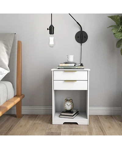 Streamdale Furniture White Nightstand with 2 Drawers & Golden Handle