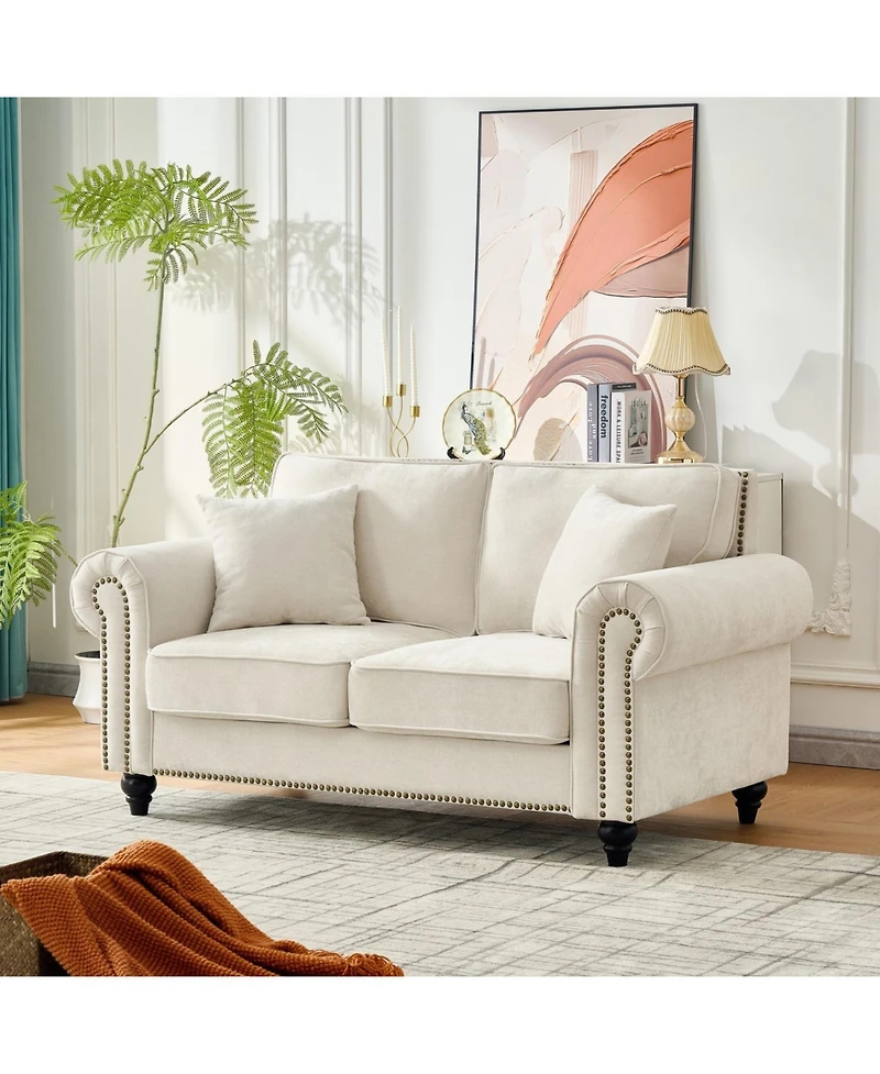 Streamdale Furniture 63" Modern Chenille Sofa - Rolled Arms, Nailhead Trim - Beige