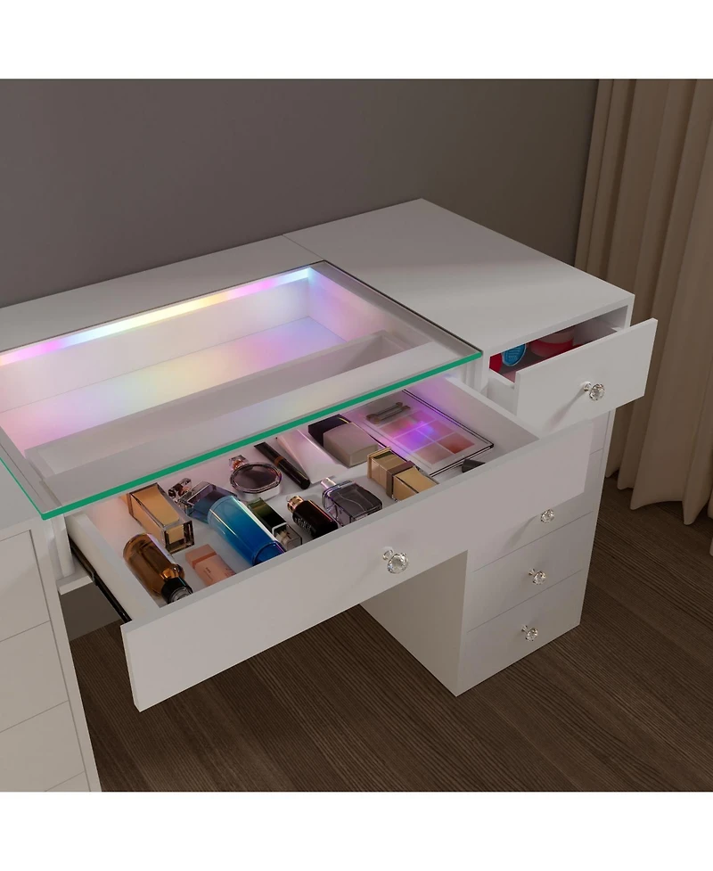 Streamdale Furniture 51.2" Rgb Led Vanity Desk, Modern Glass Top Makeup Table with 11 Drawers