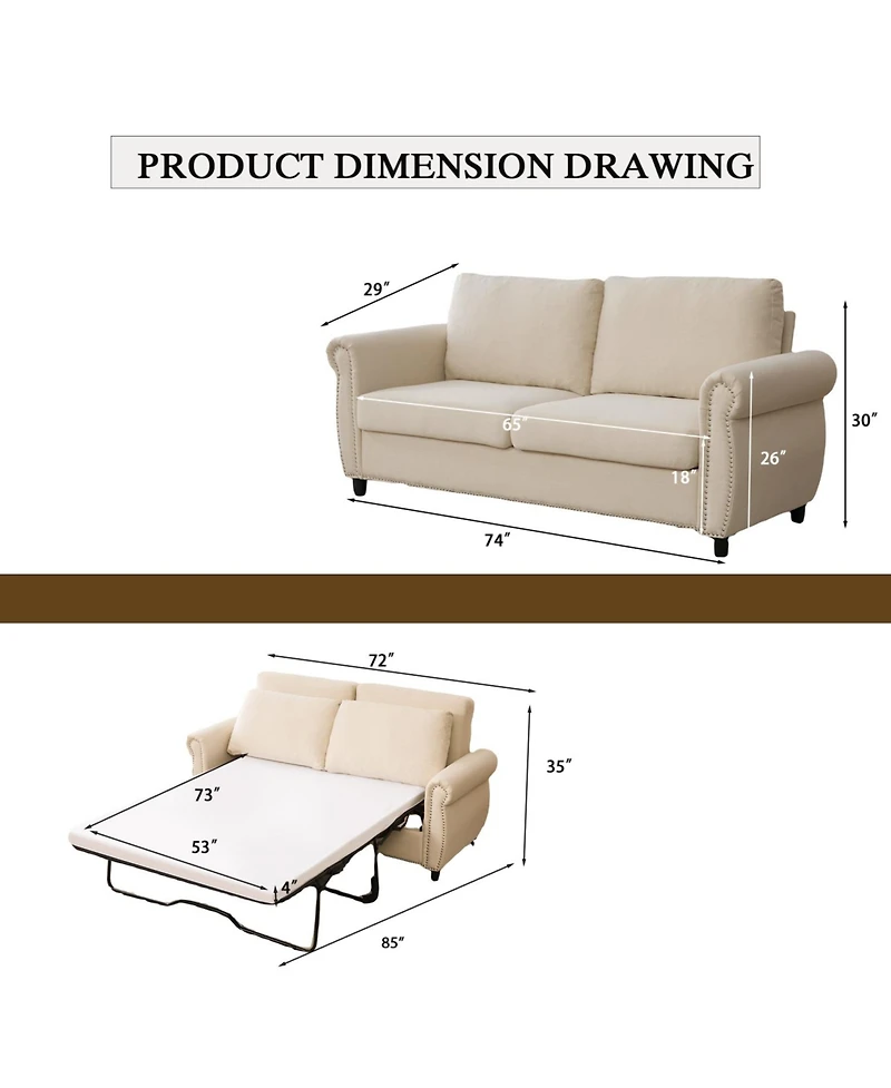 Streamdale Furniture Sleeper Sofa Bed, Pull Out Couch, 2-Seater Linen Convertible Sofa