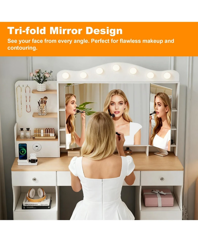 Streamdale Furniture Vanity Desk with Lighted Mirror, Usb Power, Drawers & Cabinets (White)