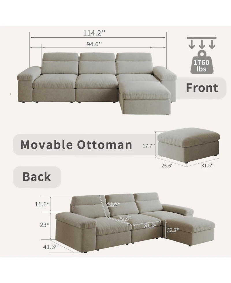 Streamdale Furniture Modular Down & Linen Sofa with Adjustable Back & Storage
