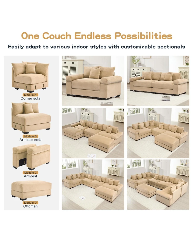 Streamdale Furniture Oversized Cloud Modular Sectional Couch, Corduroy, Wide Armrests, Camel