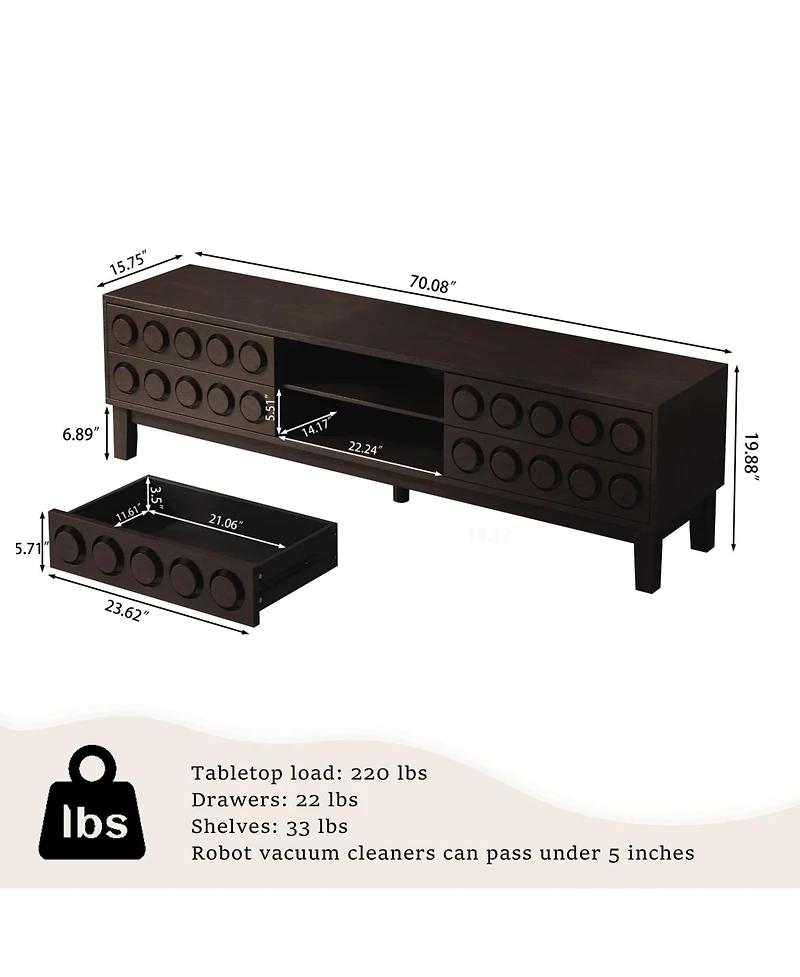Streamdale Furniture Mid-Century Media Console - 75" Tv Stand, 4 Drawers, Cable Management (Dark Brown)