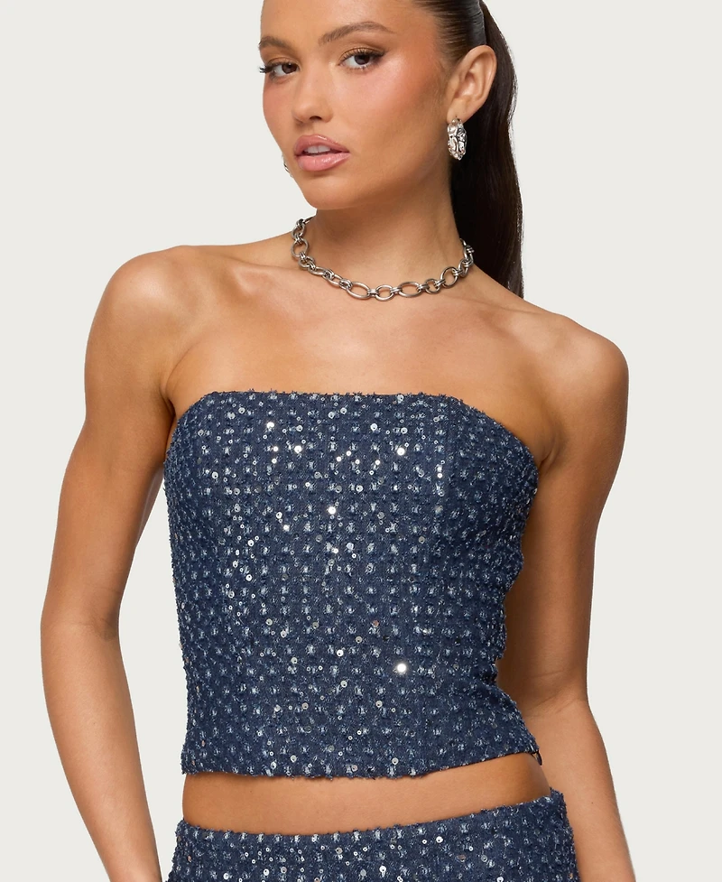 Edikted Women's Sora Sequin Distressed Denim Corset