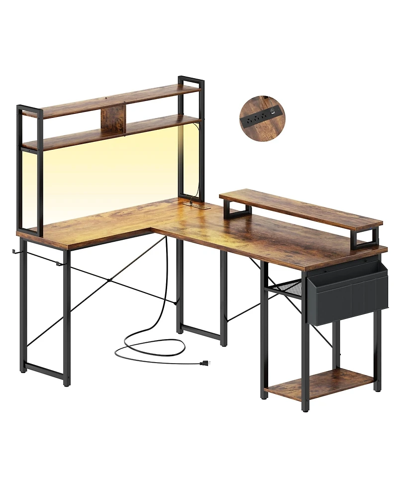 Aheaplus 49'' Small L Shaped Desk with Hutch, Reversible Computer Gaming Outlet and Led Strip