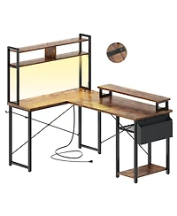 Aheaplus 49'' Small L Shaped Desk with Hutch, Reversible Computer Gaming Outlet and Led Strip