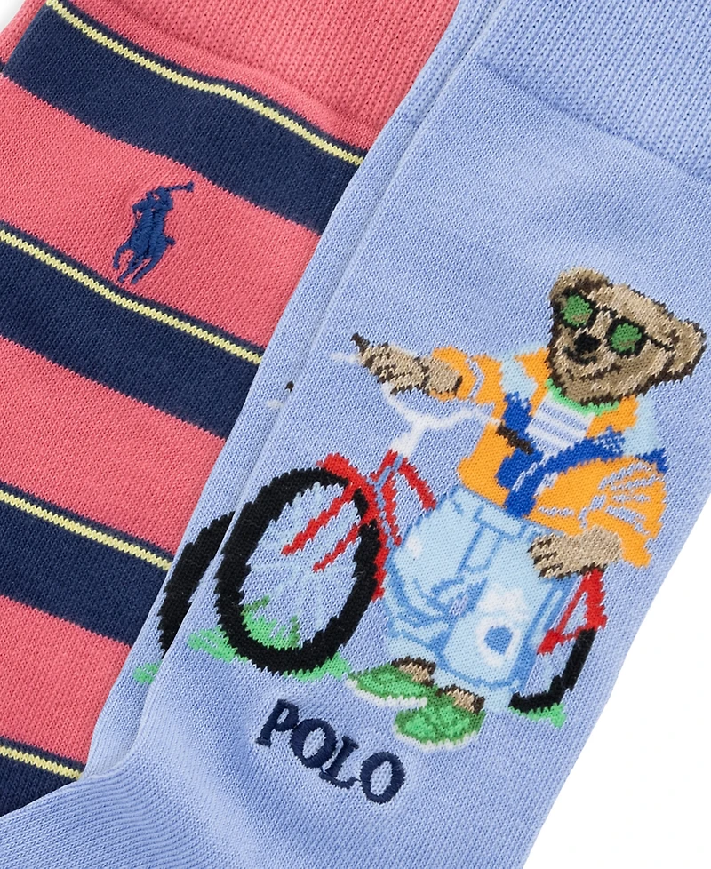 Polo Ralph Lauren Men's Harbour Island Bear and Classic Stripe Crew Socks, 2-Pack