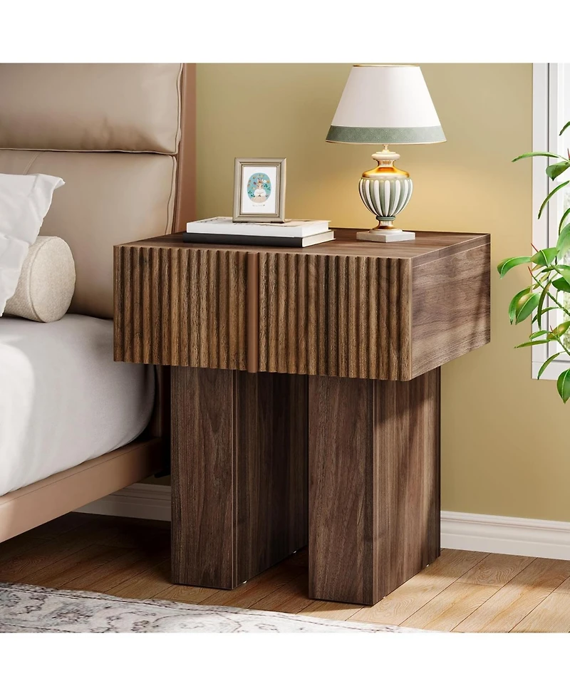 Tribesigns Fluted Nightstand, Wooden Night Stand with Storage Drawer, Modern Bedside Table Side End Table