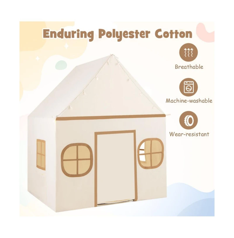 Kids Indoor Play Tent with Windows Star Lights Mat and Storage Pockets