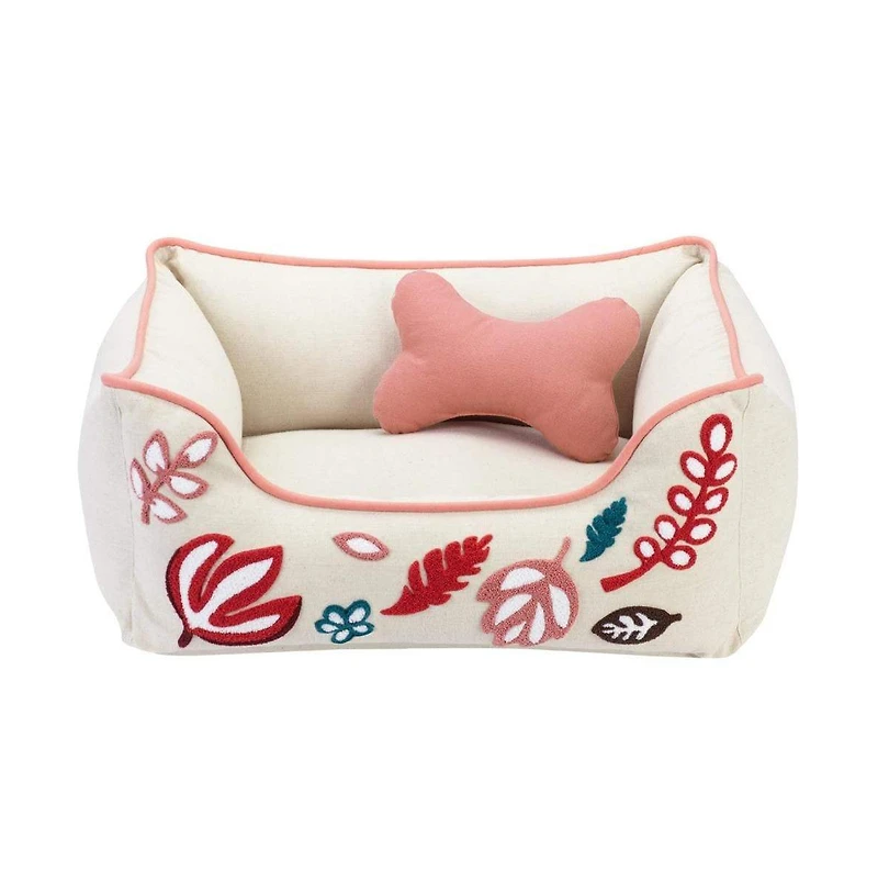 Blueberry Pet Plush Chenille-Embroidered Linen Dog Bed, Removable Washable Cover, with Squeaky Pillow Baby Pink