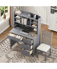 Streamdale Furniture Vintage Home Desk & Chair Set w/ Bookshelf & Drawers - Gray
