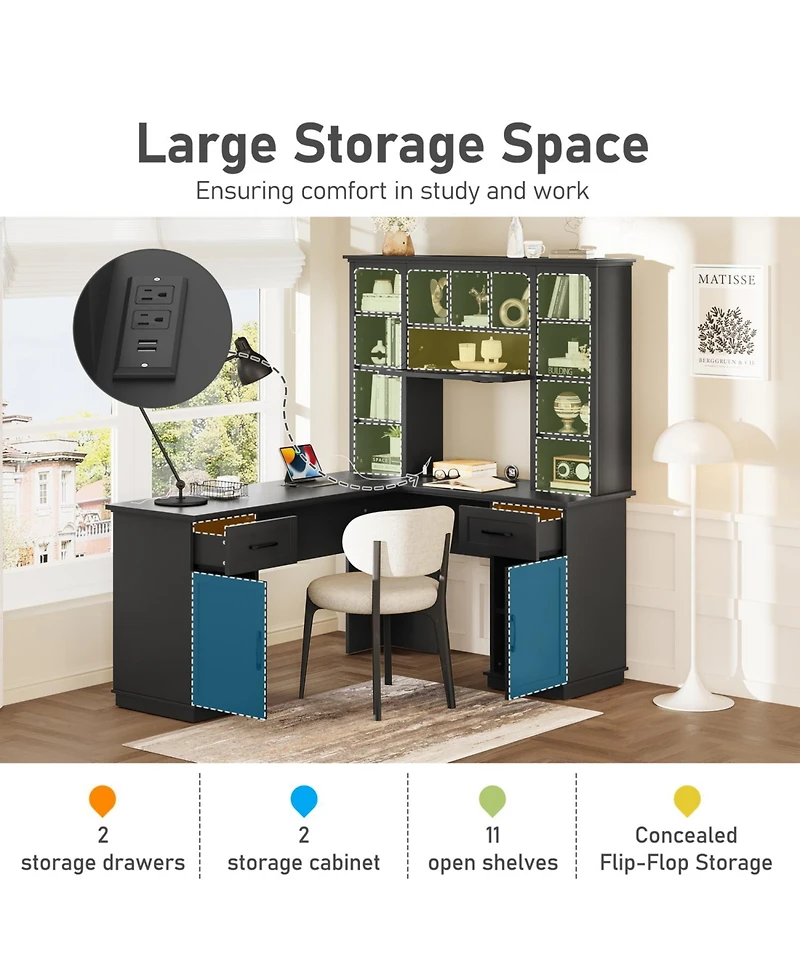 Streamdale Furniture L-Shaped Desk w/ Cabinets, Drawers, Shelves & Flip-Up Storage
