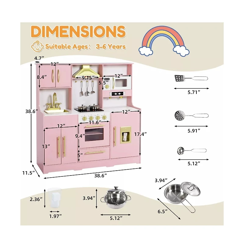 Kinder King Wooden Kids Play Kitchen, Pretend Kitchen Playset w/Sounds for Toddlers.
