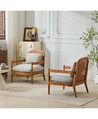 Streamdale Furniture Mid-Century Modern Accent Chair - Walnut & Rattan, Grey-Green Cushion (Set of 2)