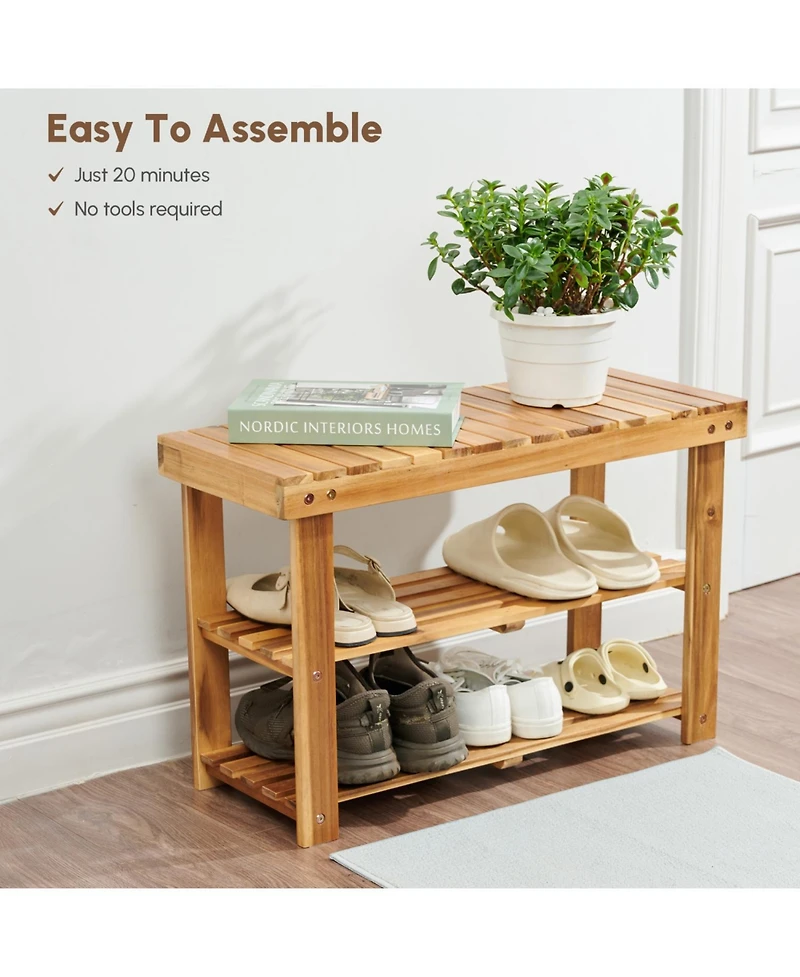 Streamdale Furniture Acacia Wood 2-Tier Shoe Rack Bench - Entryway Organizer
