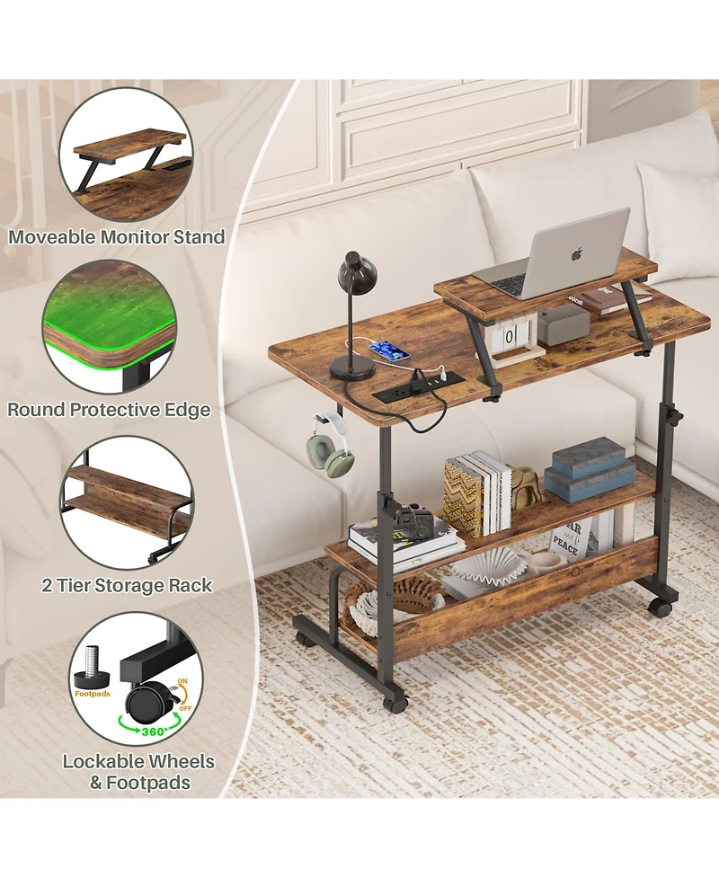 Aheaplus Small Standing Desk with Power Outlets and Led Light, Mobile Lift Top Desk with Monitor Stand