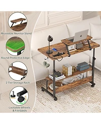 Aheaplus Small Standing Desk with Power Outlets and Led Light, Mobile Lift Top Desk with Monitor Stand