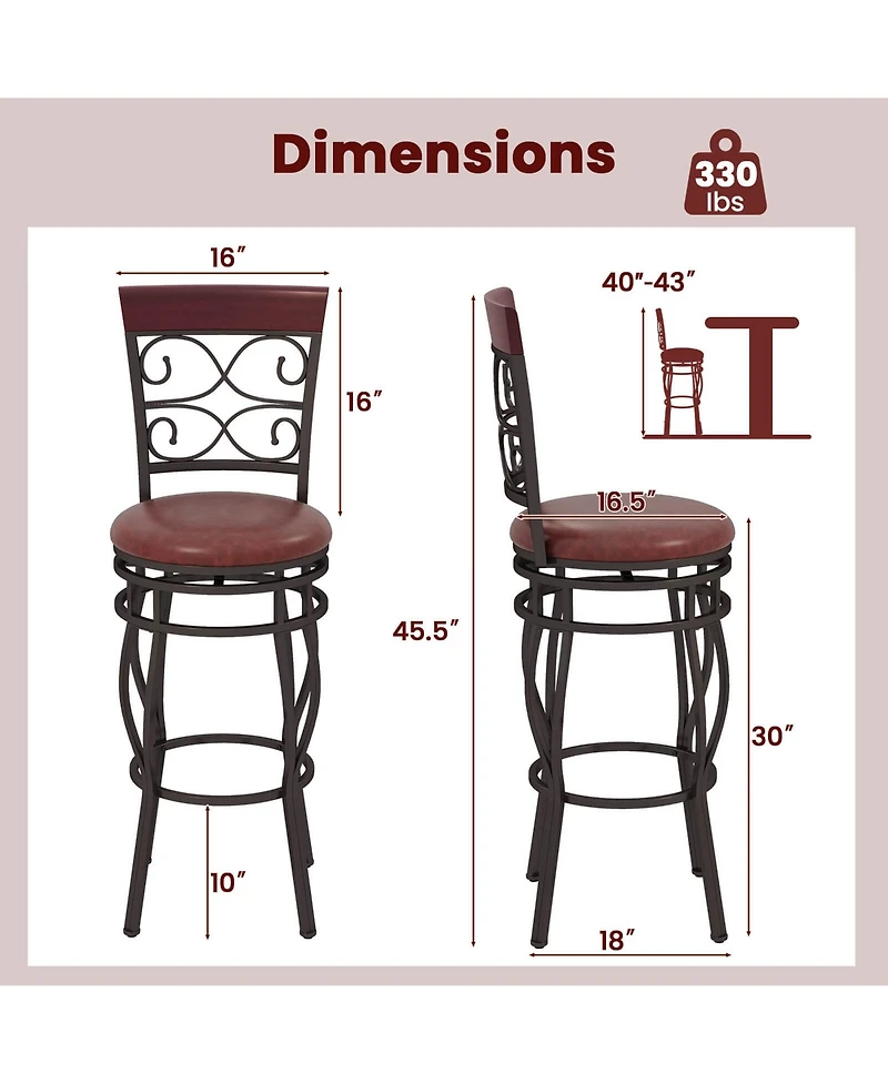 Costway Set of 2 Vintage Bar Stools Swivel Padded Seat 30'' Bistro Dining Kitchen Pub Chair High Back