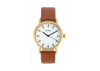 Peugeot Men's 40mm Brown Minimalist Calfskin Leather Strap Watch