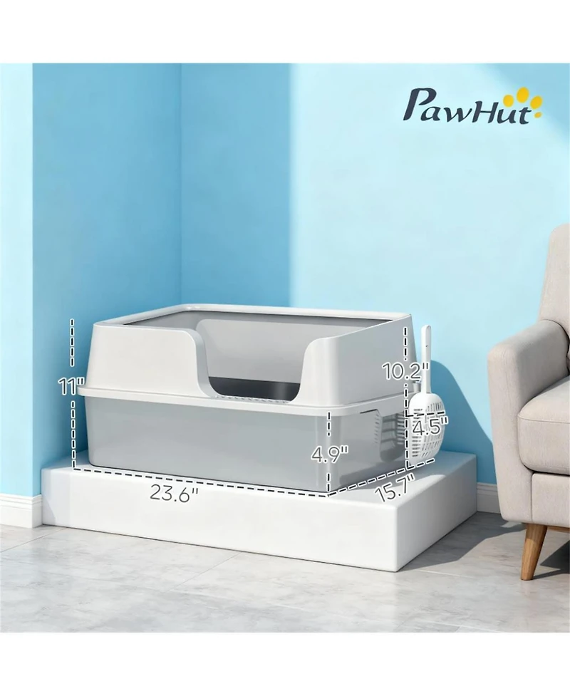 Aostirmotor Light Gray Stainless Steel Litter Box for Large Cats: High Sides & Scoop, Elevate Your Space with Sleek