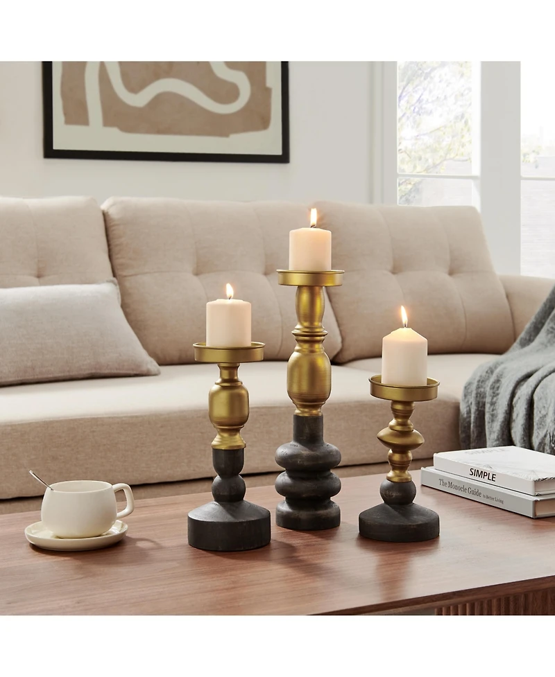 Danya B Nara Antique Brass and Vintage Wood Taper Candle Holders - Set of 3