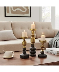 Danya B Nara Antique Brass and Vintage Wood Taper Candle Holders - Set of 3