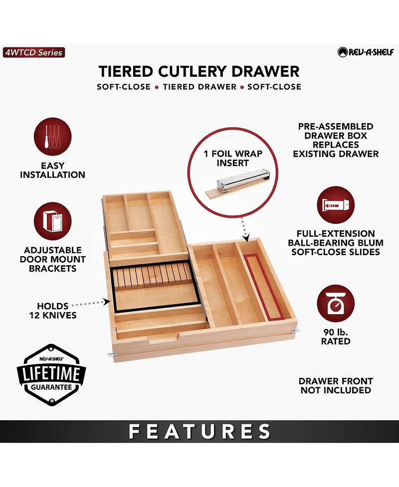 Rev-a-Shelf 27'' Tiered Cutlery Drawer Organizer with Soft-Close, 4WTCD-30HSC-1