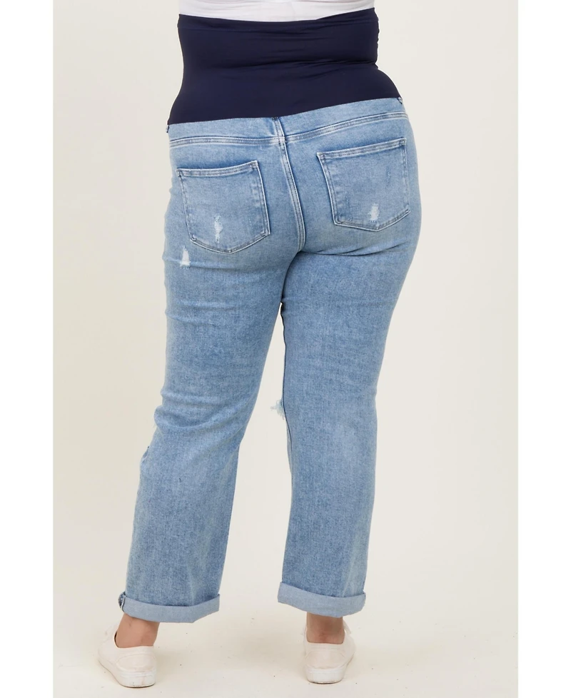 Pinkblush Plus Size Light Blue Ripped Knee Rolled Cuff Straight Leg Jeans