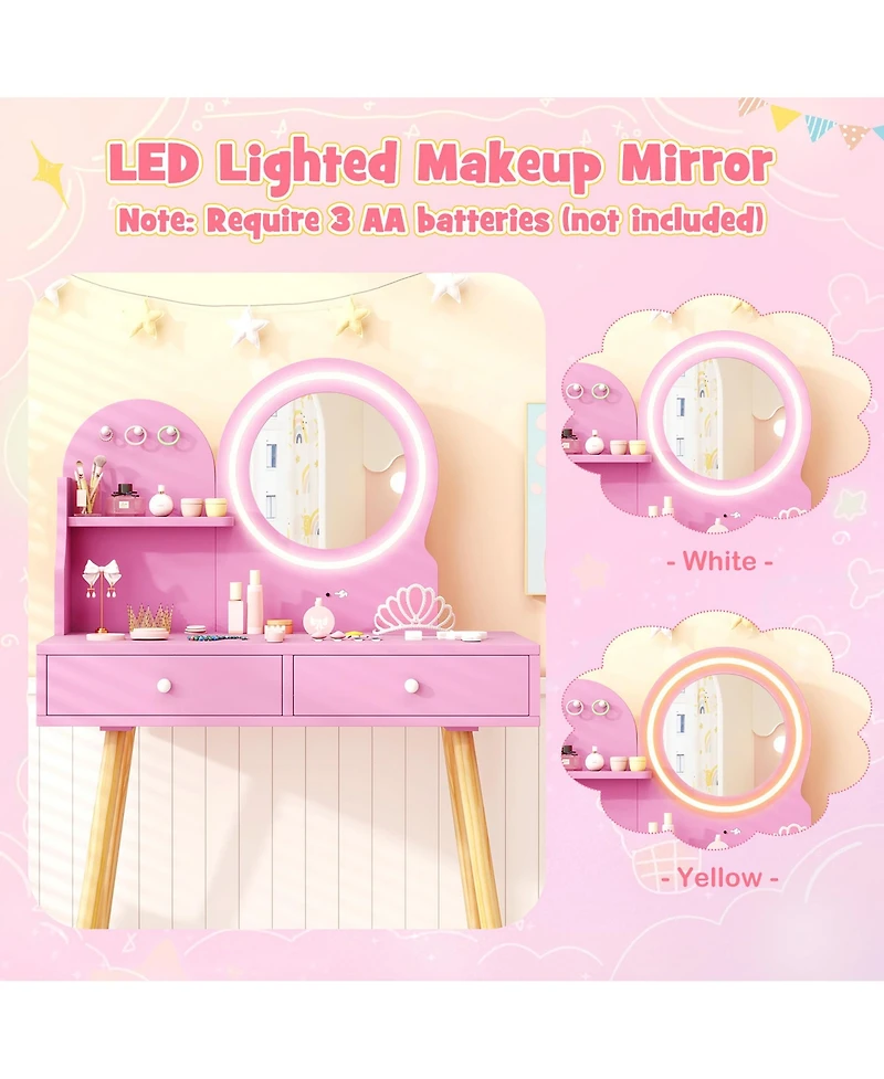Gymax Kids Vanity Set with Lighted Mirror Princess Makeup Dressing Desk & Chair