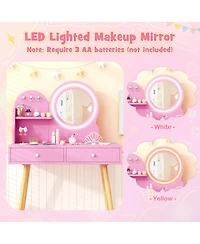 Gymax Kids Vanity Set with Lighted Mirror Princess Makeup Dressing Desk & Chair