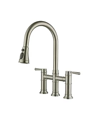 Boyelliving 3 Hole Kitchen Faucet with Pull Down Sprayer, Double Handle Sink Brass Vintage Faucets