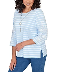 Alfred Dunner Petite Classic Stripe Cornflower Embroidered Sleeve Top with Necklace