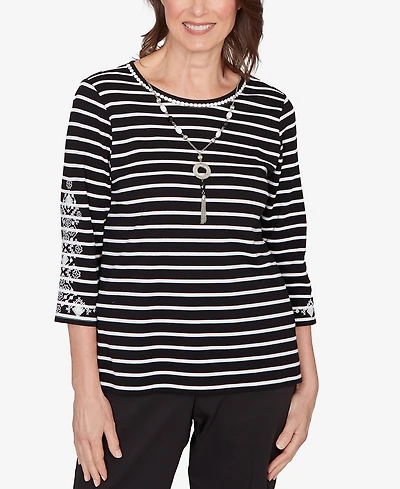 Alfred Dunner Petite Classic Pinstripe Embroidered Sleeve Top with Necklace