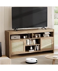 gaomon 58" Boho Tv Stand for 65" TVs, Rattan Entertainment Center with Adjustable Shelves, Oak