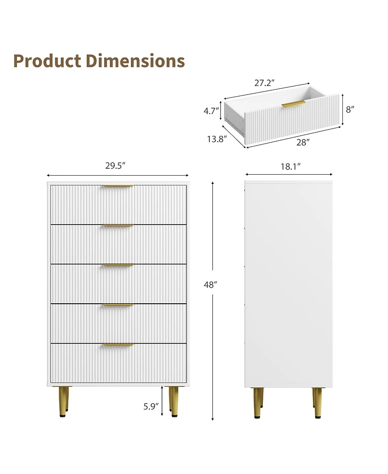 gaomon Modern Fluted Drawer Dresser Wood Chest of Drawers with Metal Handles and Legs