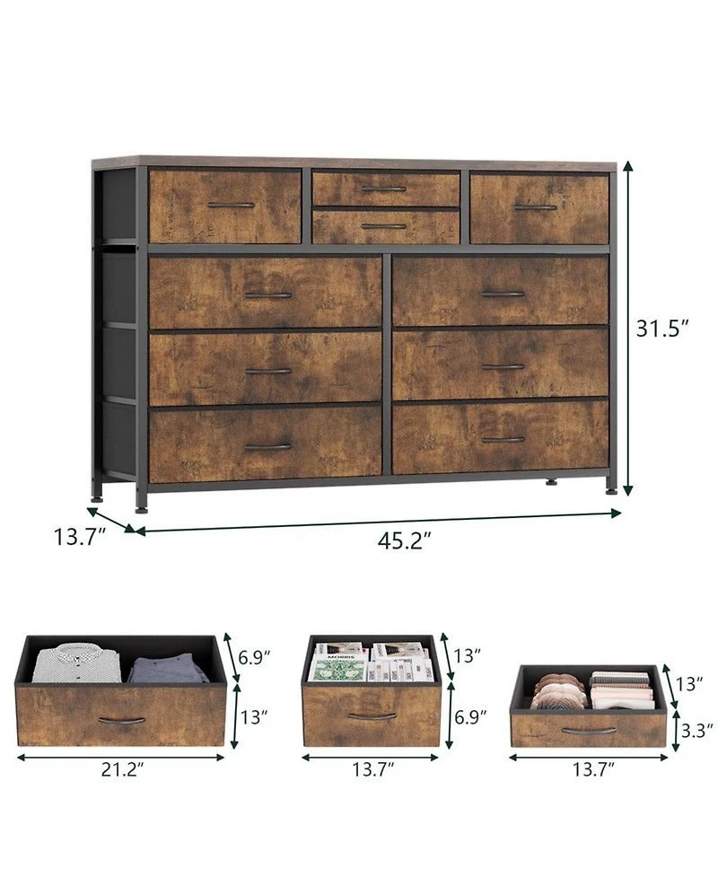 gaomon 10-Drawer Modern Fabric Dresser for Bedroom, Large Storage Chest, 45" Tv Stand, Living Room, Hallway Organizer