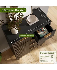 gaomon 5-Drawer Modern Fluted Wide Wood Dresser, Chest Organizer with Metal Legs, Anti-Tipping for Bedroom, Living Room