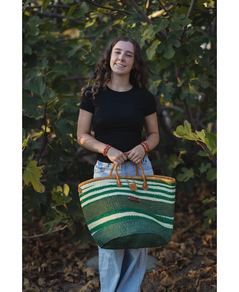 Evergreen Spirit Holiday Basket Handwoven Green & White Sisal Straw Basket Tote