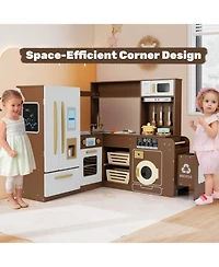 Costway Corner Play Kitchen with Lights & Sounds Wooden Toy Kitchen Set Storage.