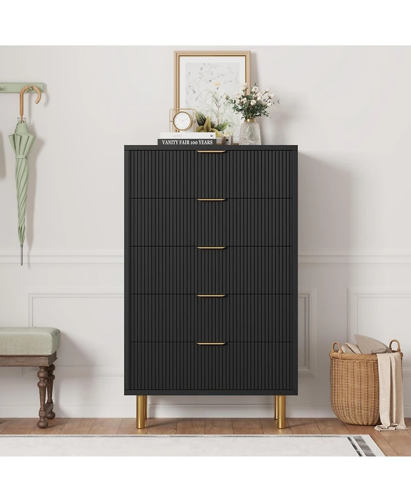 gaomon 5-Drawer Modern Black Dresser, Gold Handle, Large Wood Double Chest, Storage Organizer for Bedroom, Living Room, Entryway