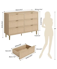 gaomon Rattan 6 Drawer Dresser for Bedroom, Large Double Dresser with Deep Drawers, Modern Chest Organizer