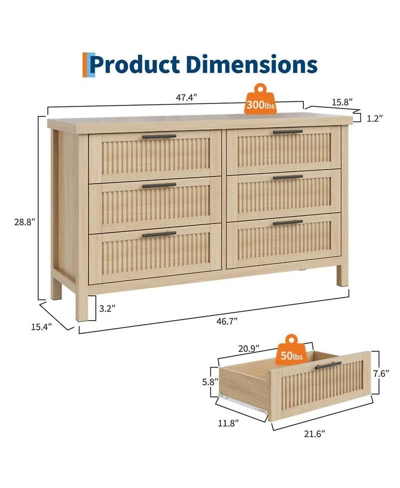 gaomon6-Drawer Modern Fluted Dresser Bedroom Chest, Fluted Drawers with Metal Handle, Large Storage Cabinet for Nursery, Living Room