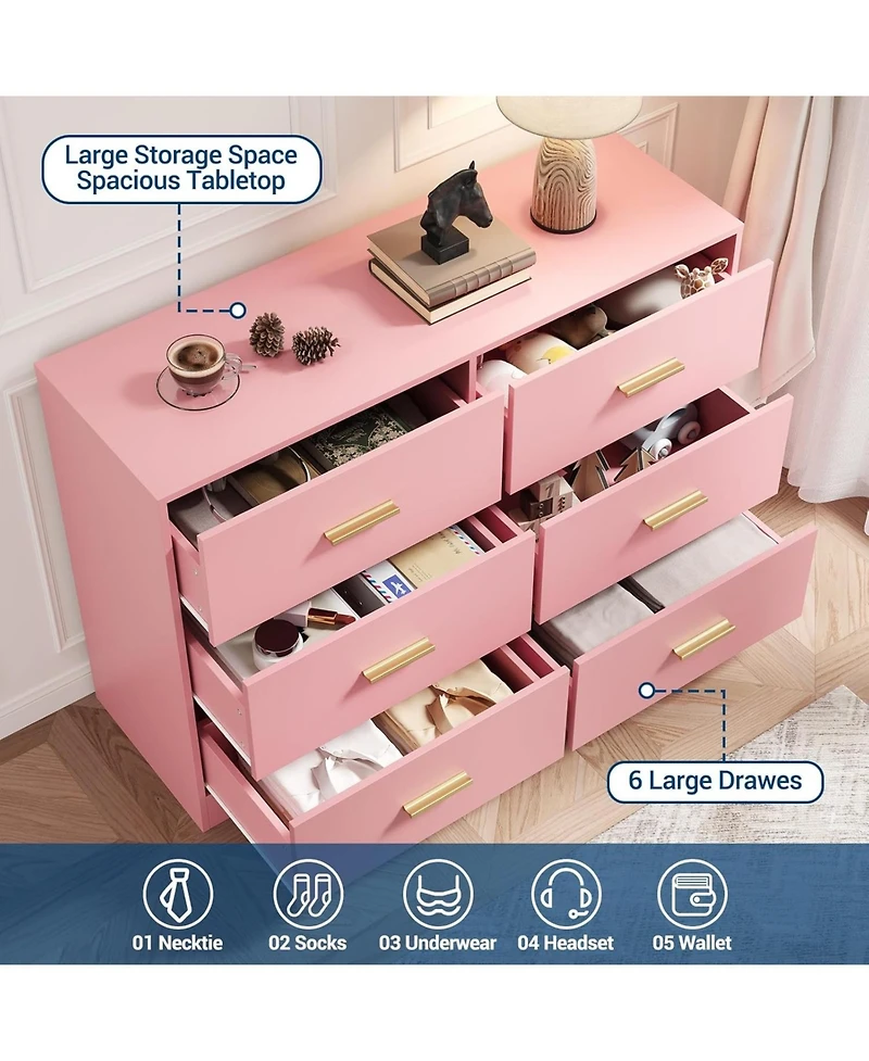 gaomon 6-Drawer Modern Wooden Dresser with Metal Handle, Bedroom Tv Stand, Large Storage Organizer, Living Room, Hallway